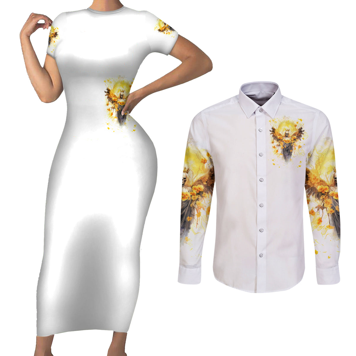 Flower Skull Angel Couples Matching Short Sleeve Bodycon Dress and Long Sleeve Button Shirt Bitch I'm The Fucking Queen - Wonder Print Shop