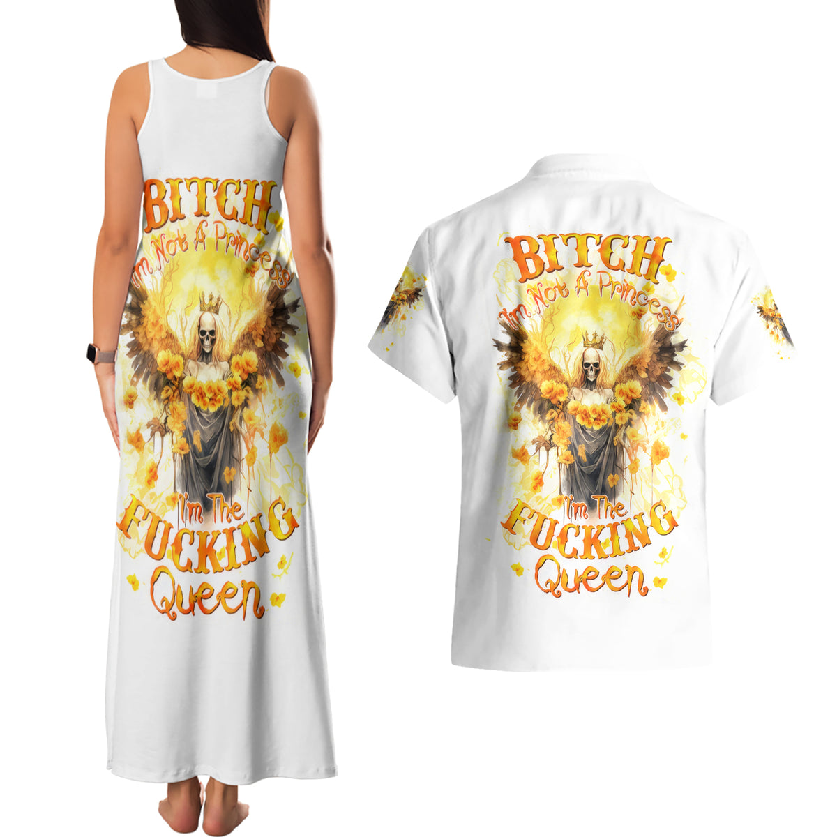 Flower Skull Angel Couples Matching Tank Maxi Dress and Hawaiian Shirt Bitch I'm The Fucking Queen - Wonder Print Shop