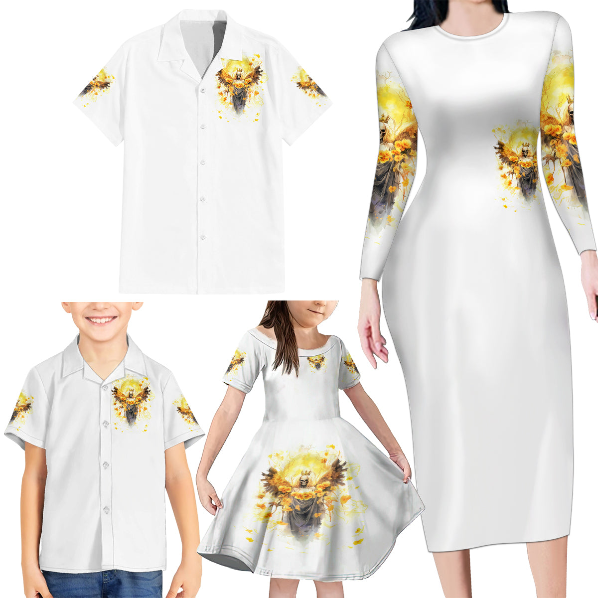 Flower Skull Angel Family Matching Long Sleeve Bodycon Dress and Hawaiian Shirt Bitch I'm The Fucking Queen - Wonder Print Shop