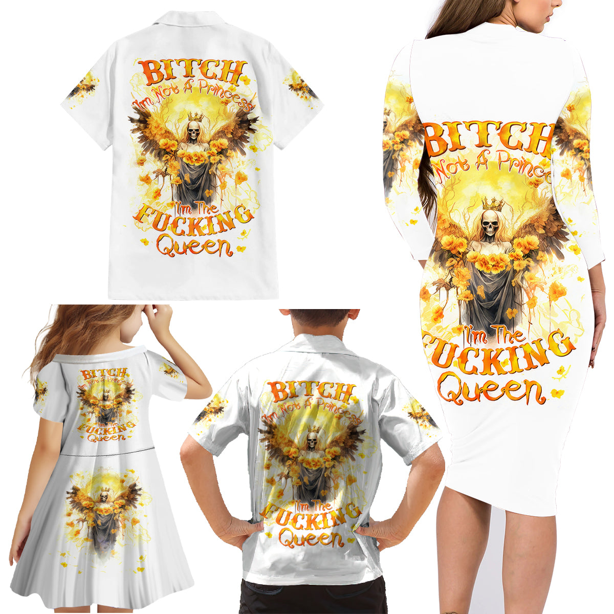 Flower Skull Angel Family Matching Long Sleeve Bodycon Dress and Hawaiian Shirt Bitch I'm The Fucking Queen - Wonder Print Shop