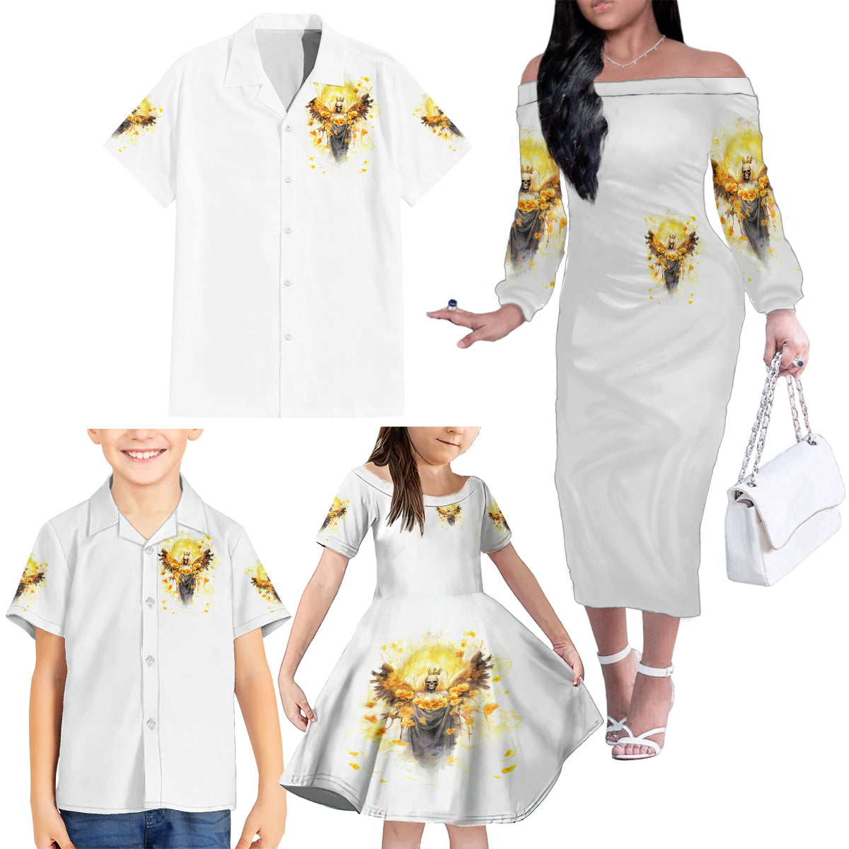 Flower Skull Angel Family Matching Off Shoulder Long Sleeve Dress and Hawaiian Shirt Bitch I'm The Fucking Queen - Wonder Print Shop