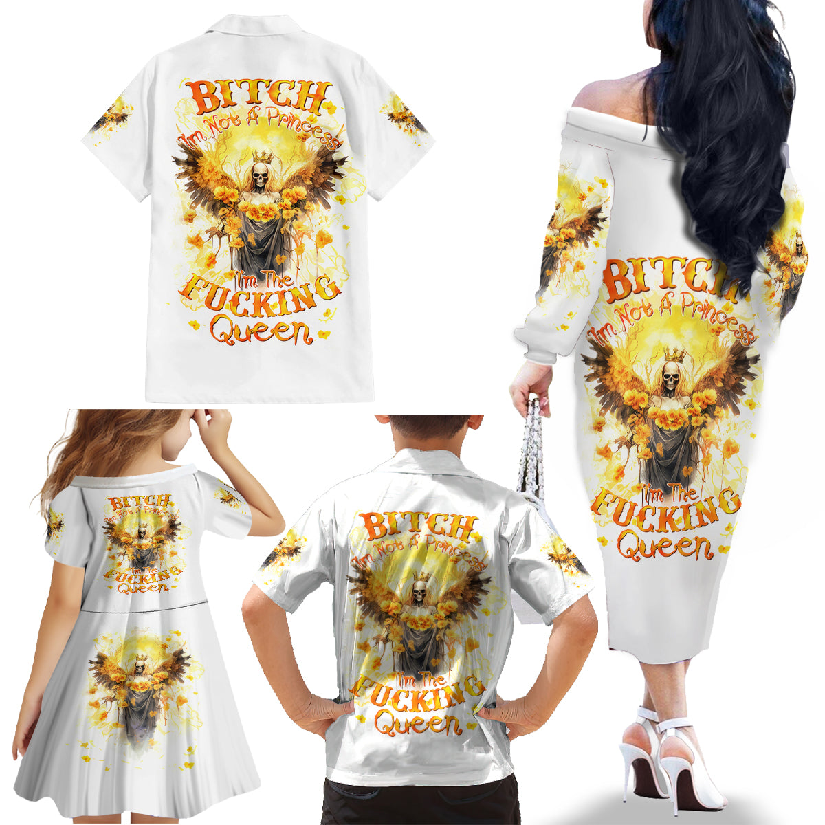 Flower Skull Angel Family Matching Off Shoulder Long Sleeve Dress and Hawaiian Shirt Bitch I'm The Fucking Queen - Wonder Print Shop