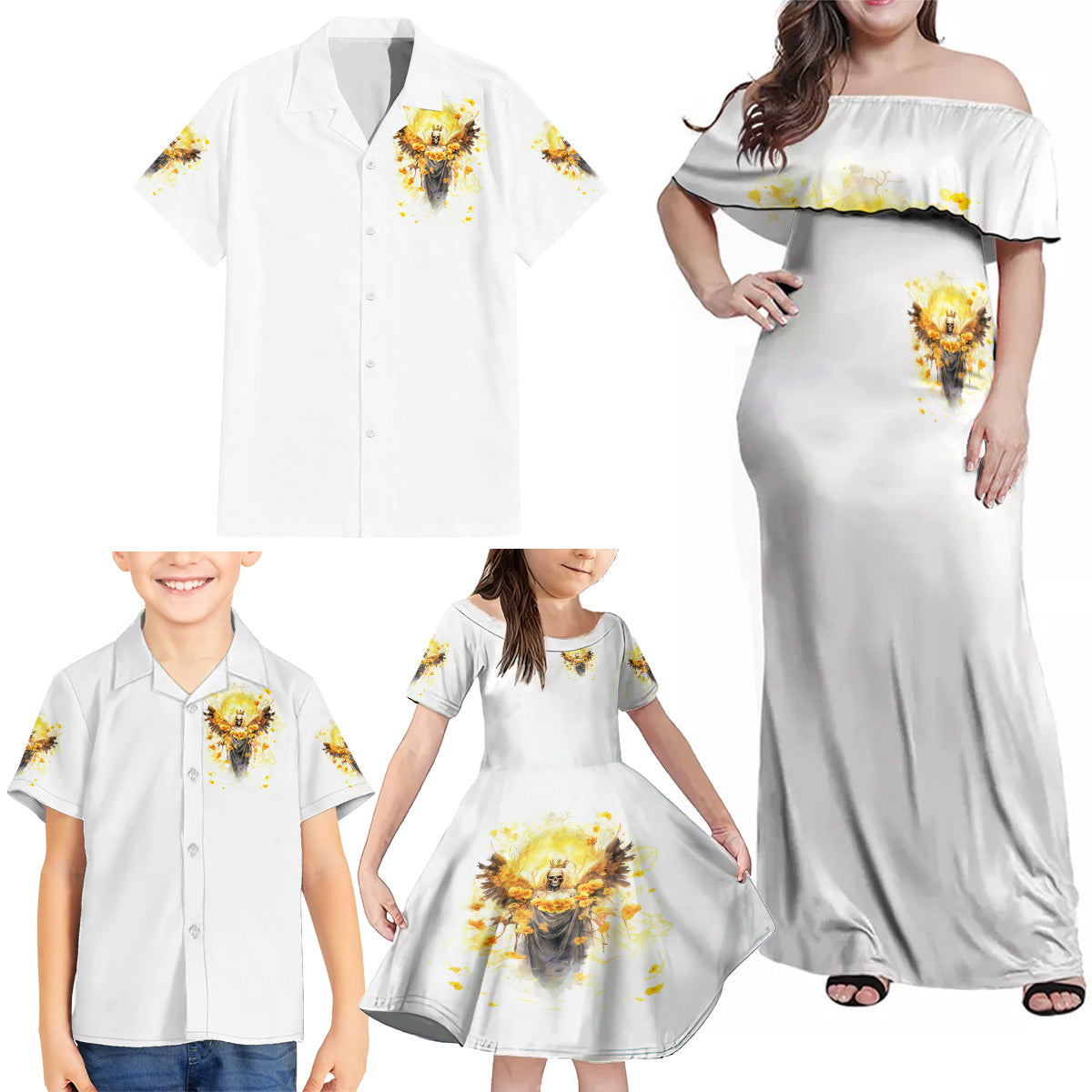 Flower Skull Angel Family Matching Off Shoulder Maxi Dress and Hawaiian Shirt Bitch I'm The Fucking Queen - Wonder Print Shop