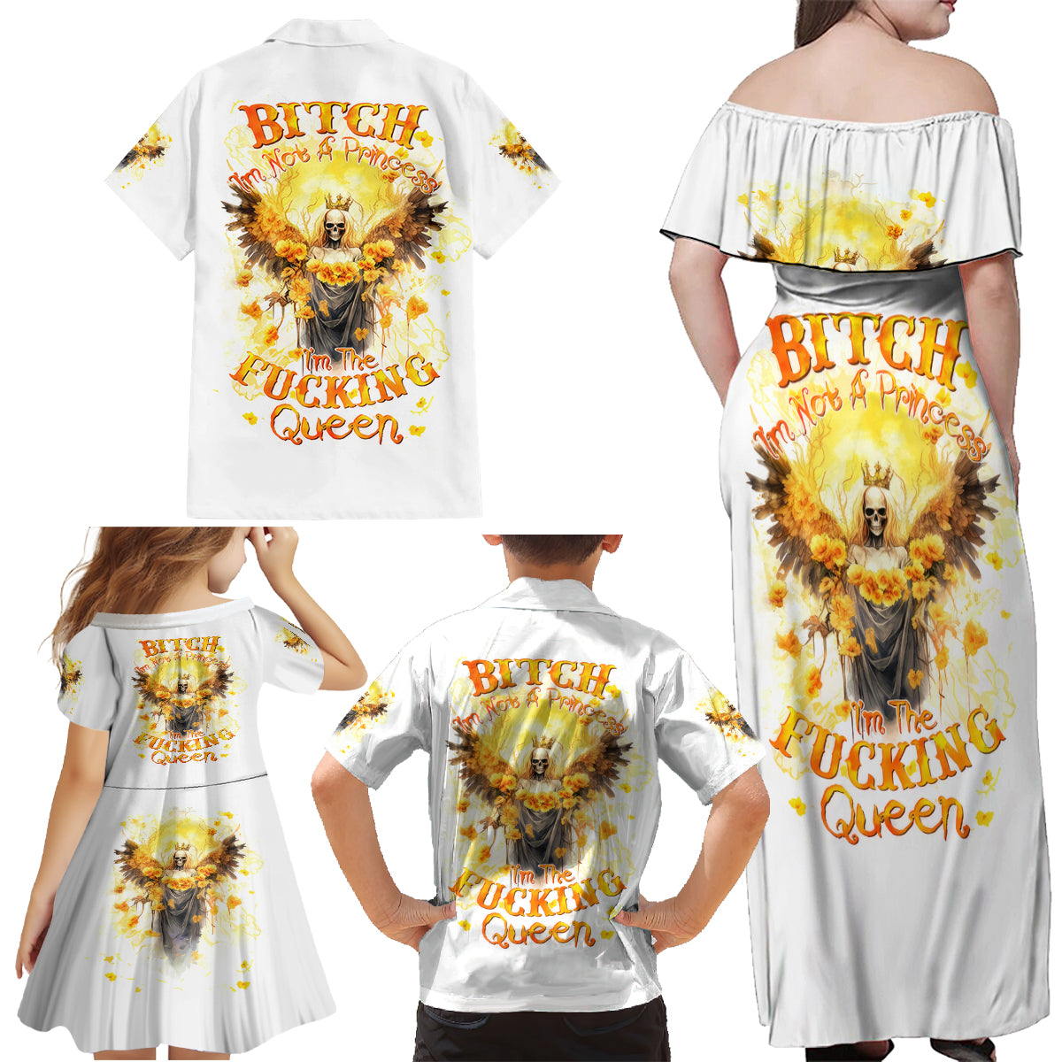 Flower Skull Angel Family Matching Off Shoulder Maxi Dress and Hawaiian Shirt Bitch I'm The Fucking Queen - Wonder Print Shop