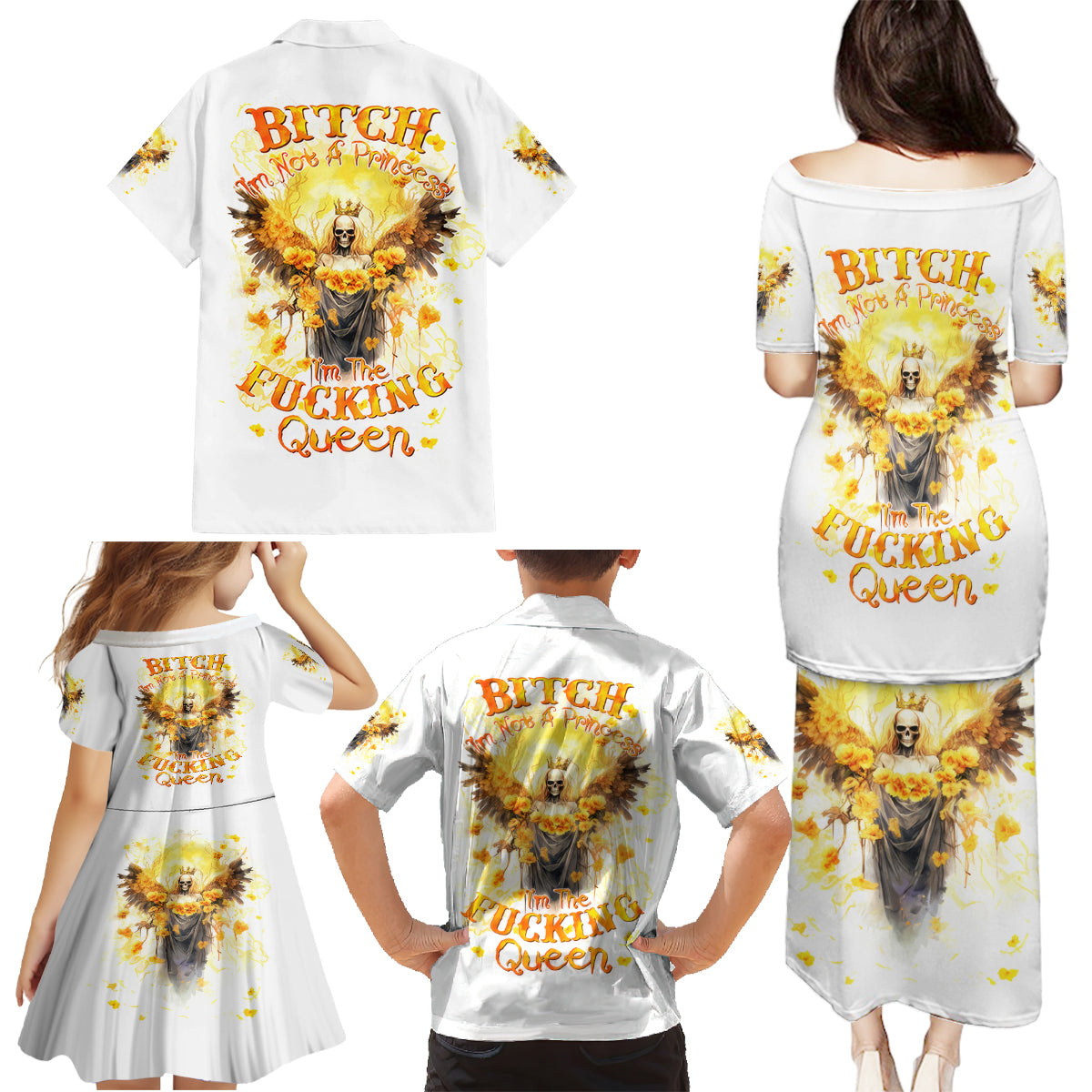 Flower Skull Angel Family Matching Puletasi and Hawaiian Shirt Bitch I'm The Fucking Queen - Wonder Print Shop
