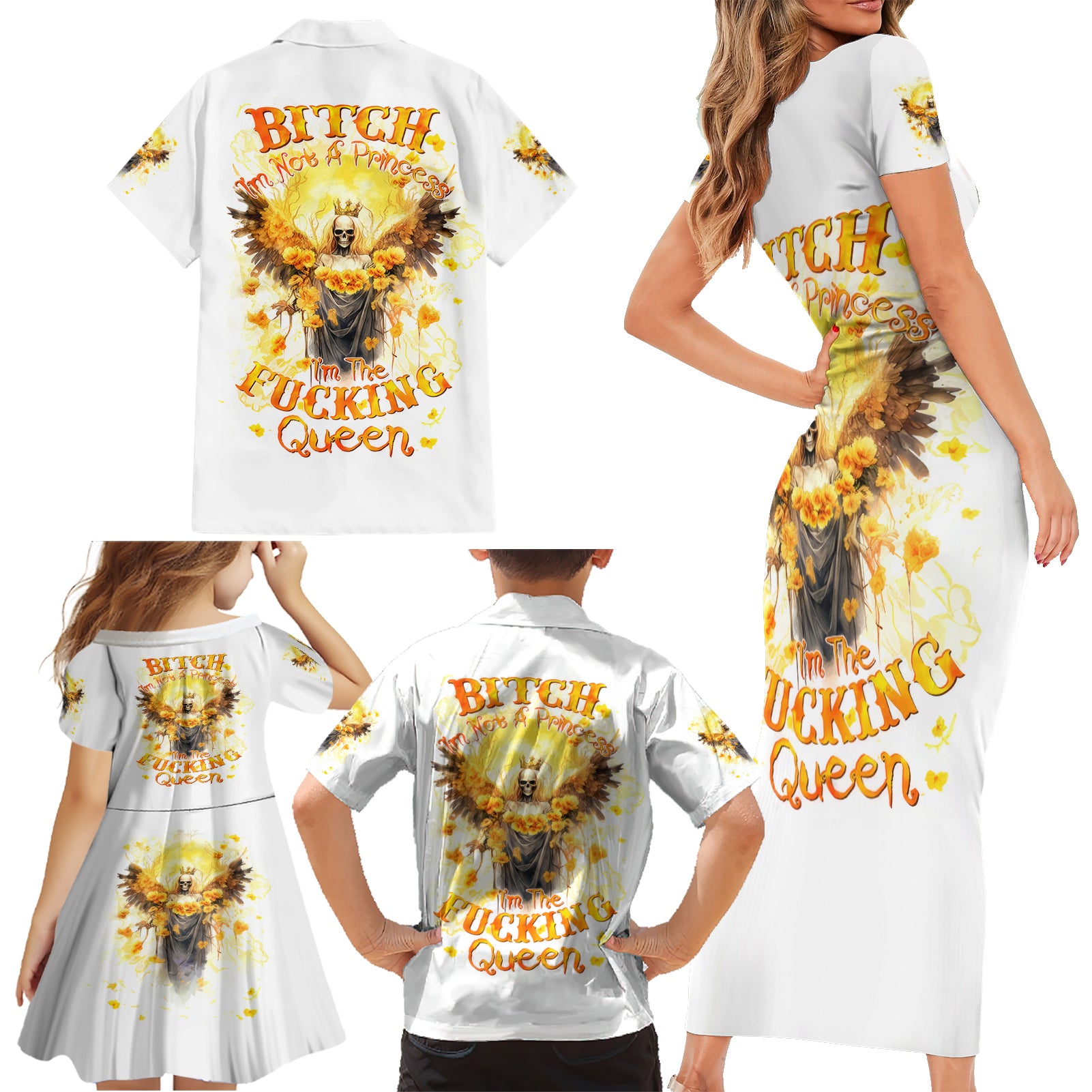 Flower Skull Angel Family Matching Short Sleeve Bodycon Dress and Hawaiian Shirt Bitch I'm The Fucking Queen - Wonder Print Shop