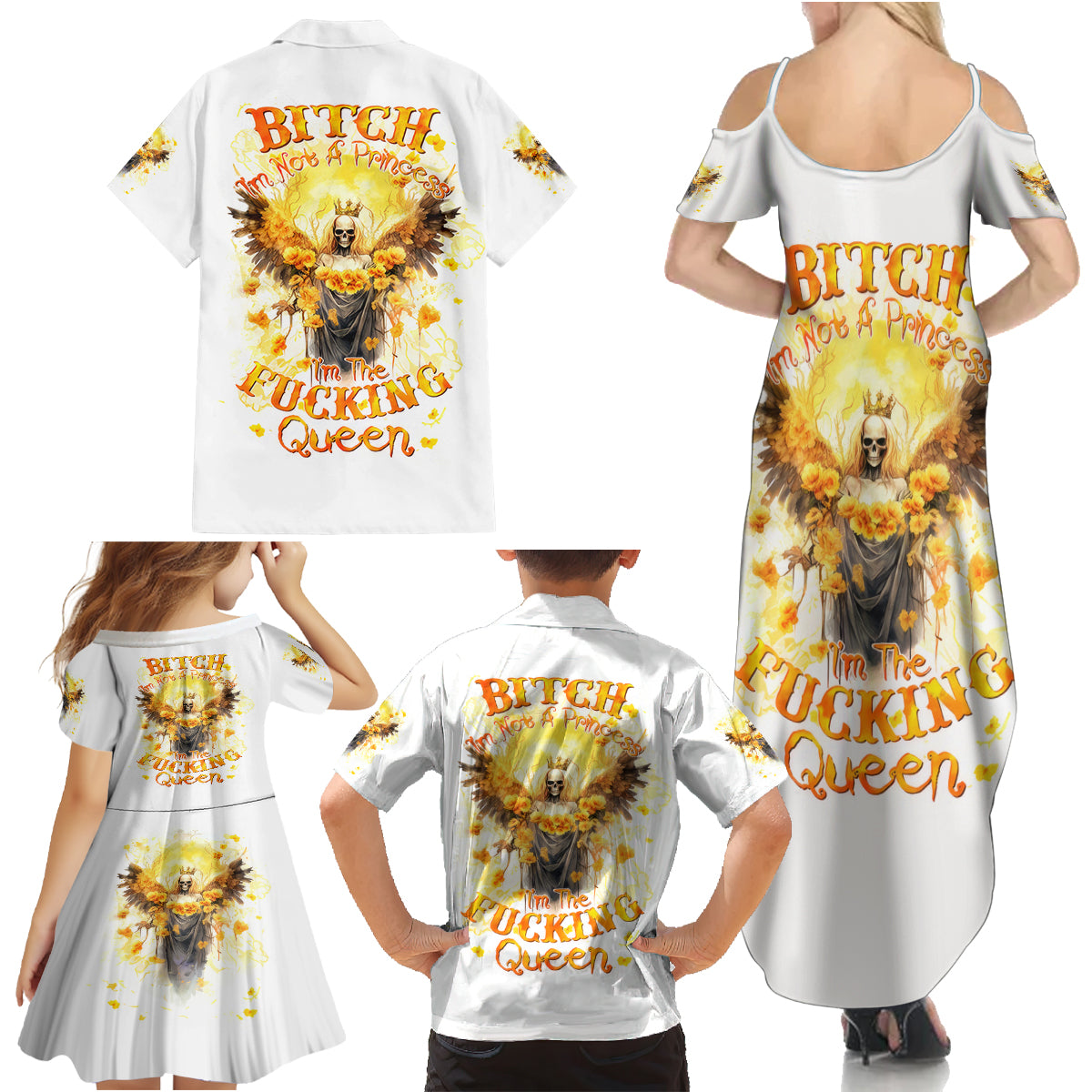 Flower Skull Angel Family Matching Summer Maxi Dress and Hawaiian Shirt Bitch I'm The Fucking Queen - Wonder Print Shop
