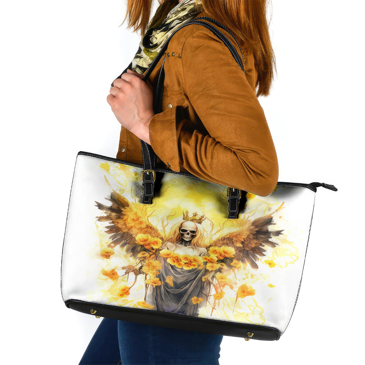 Flower Skull Angel Leather Tote Bag Bitch I'm The Fucking Queen - Wonder Print Shop