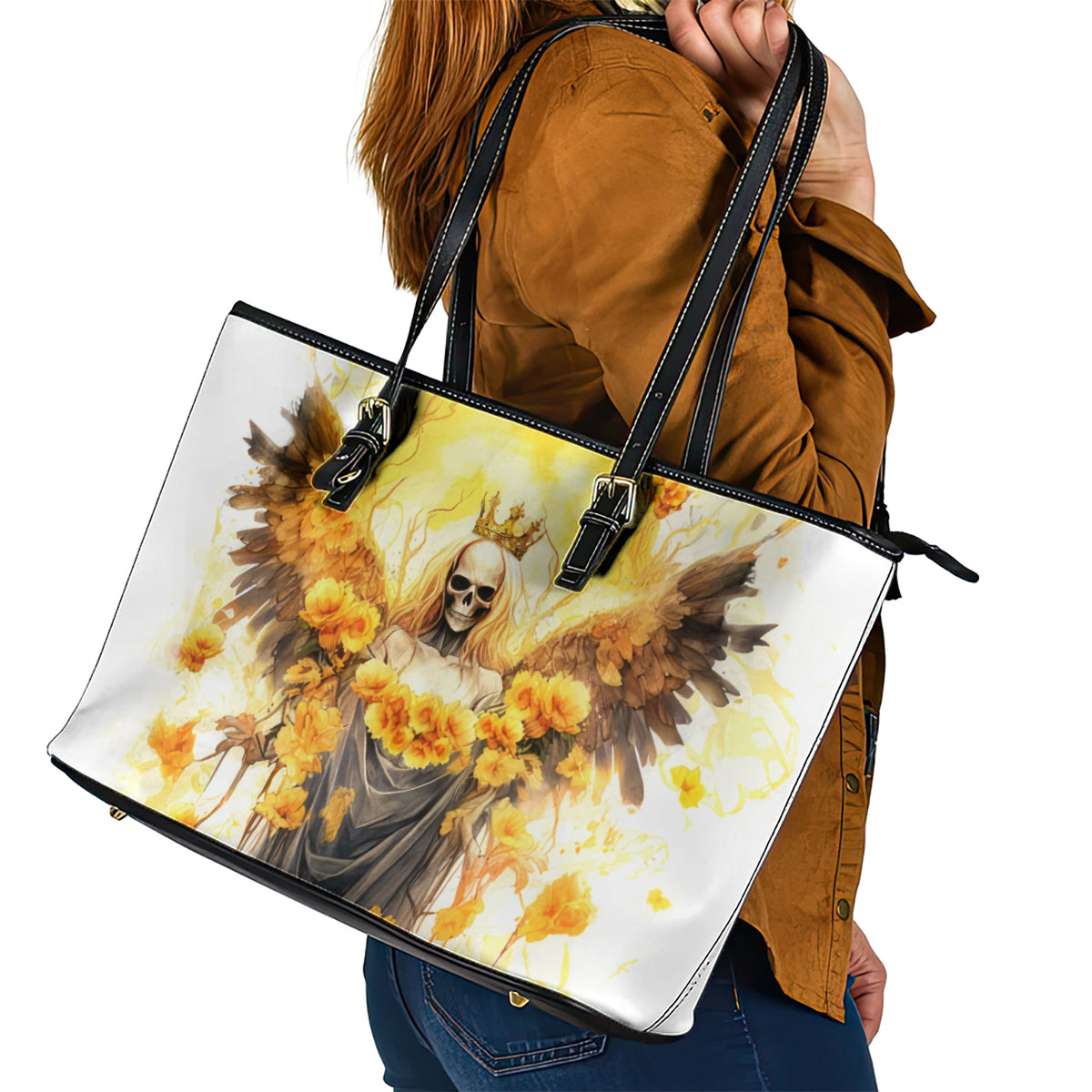 Flower Skull Angel Leather Tote Bag Bitch I'm The Fucking Queen - Wonder Print Shop