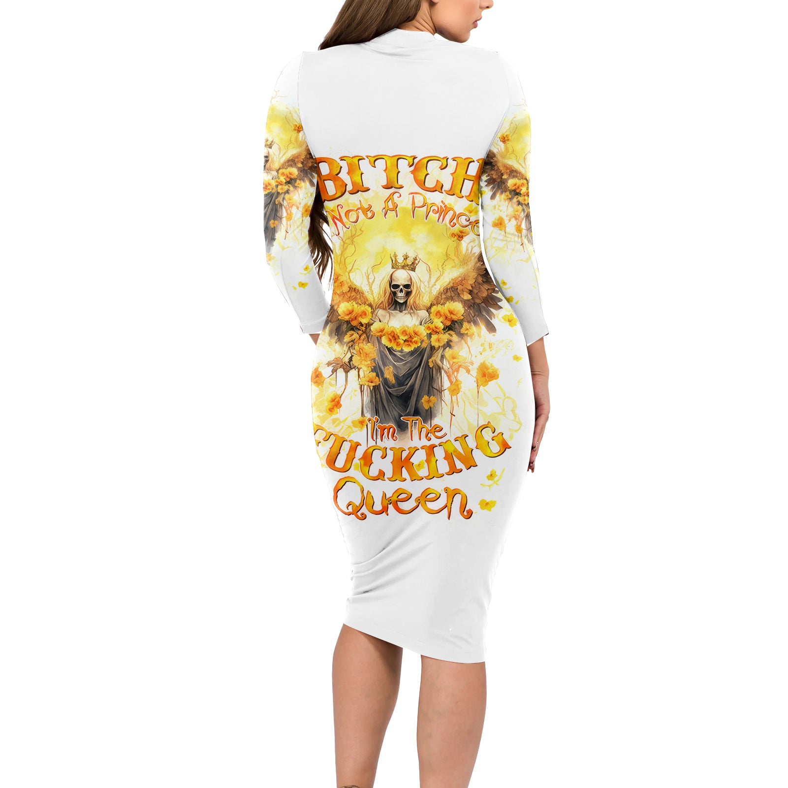 Flower Skull Angel Long Sleeve Bodycon Dress Bitch I'm The Fucking Queen - Wonder Print Shop
