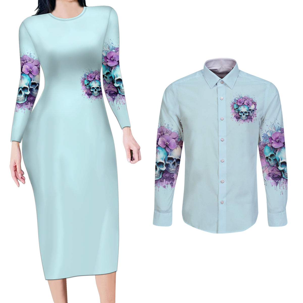 Flower Skull Angel Couples Matching Long Sleeve Bodycon Dress and Long Sleeve Button Shirt The Good Girl In Me Got Tired Of The Bullshit - Wonder Print Shop