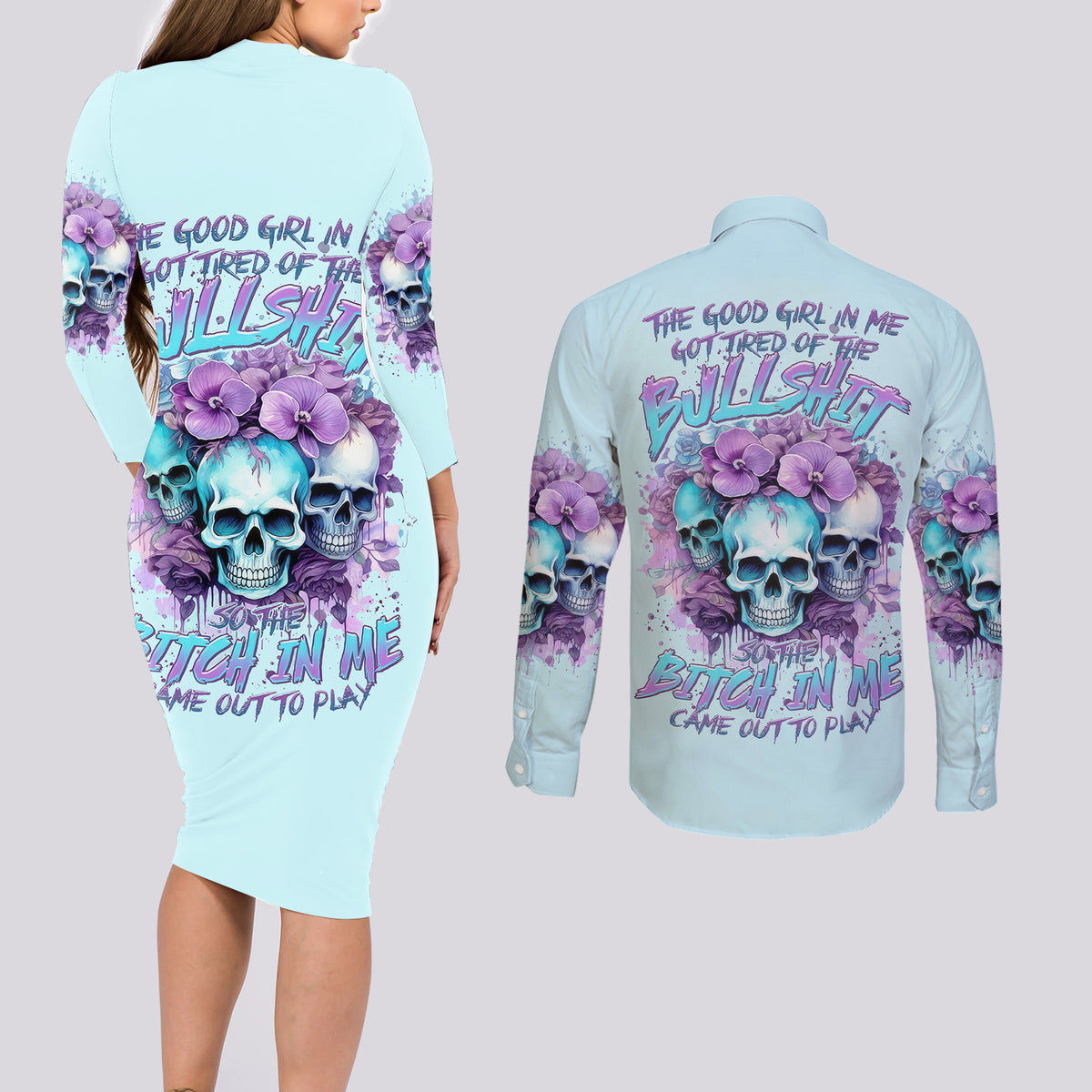 Flower Skull Angel Couples Matching Long Sleeve Bodycon Dress and Long Sleeve Button Shirt The Good Girl In Me Got Tired Of The Bullshit - Wonder Print Shop
