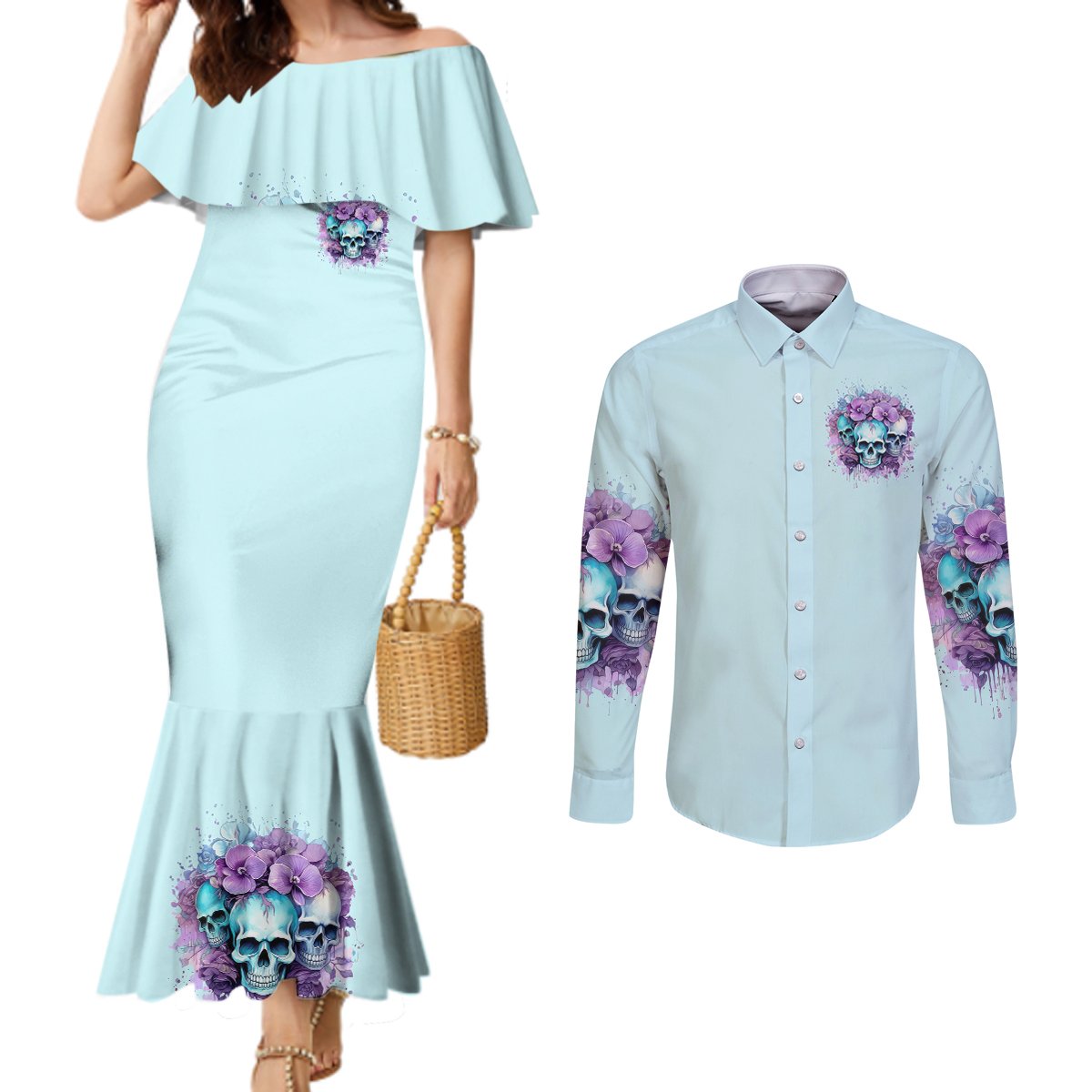 Flower Skull Angel Couples Matching Mermaid Dress and Long Sleeve Button Shirt The Good Girl In Me Got Tired Of The Bullshit