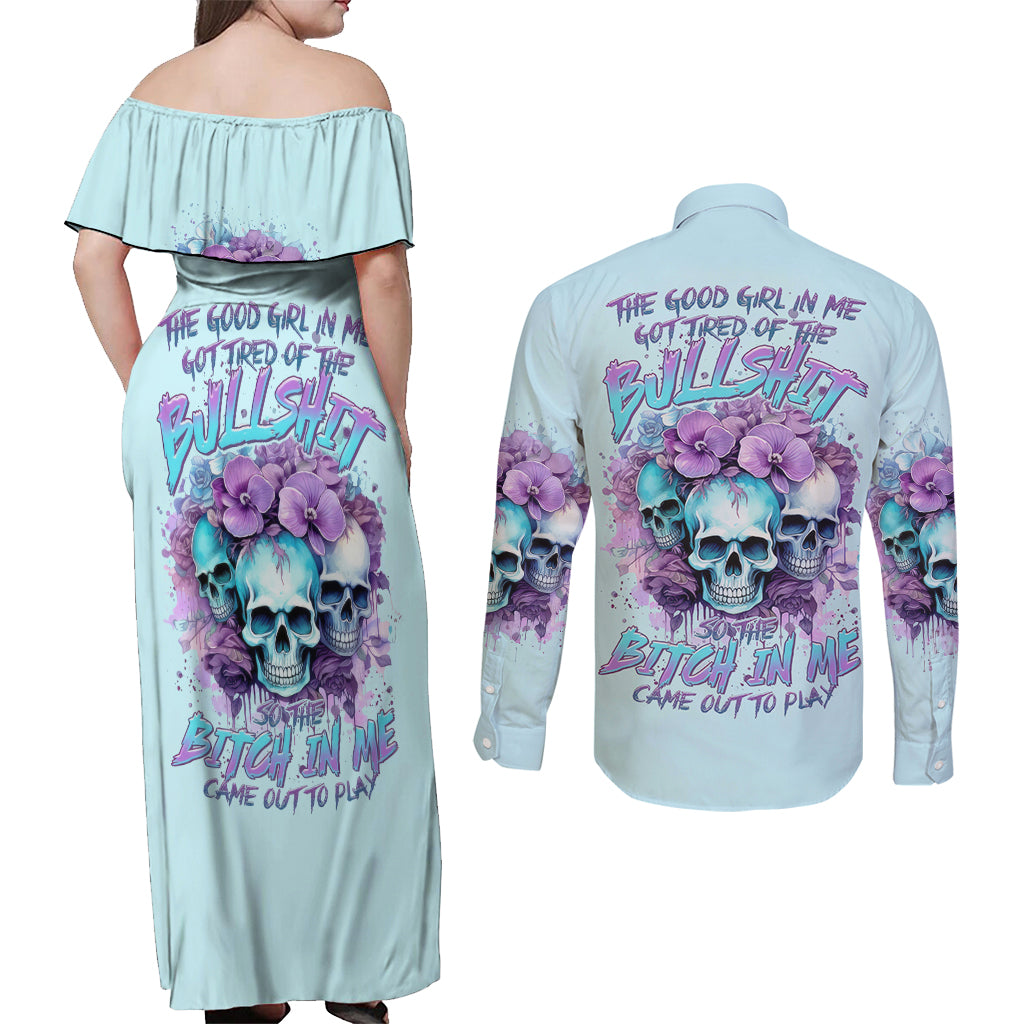 Flower Skull Angel Couples Matching Off Shoulder Maxi Dress and Long Sleeve Button Shirt The Good Girl In Me Got Tired Of The Bullshit - Wonder Print Shop