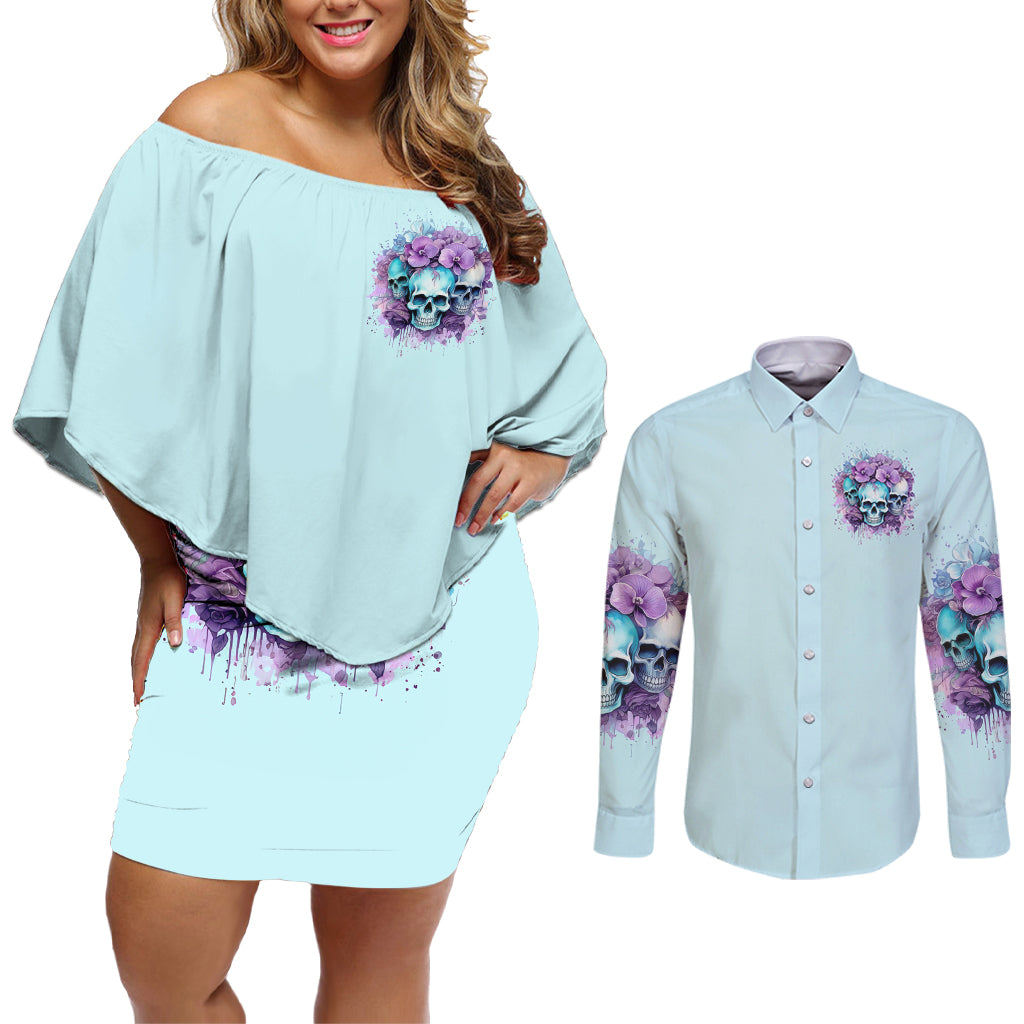 Flower Skull Angel Couples Matching Off Shoulder Short Dress and Long Sleeve Button Shirt The Good Girl In Me Got Tired Of The Bullshit - Wonder Print Shop