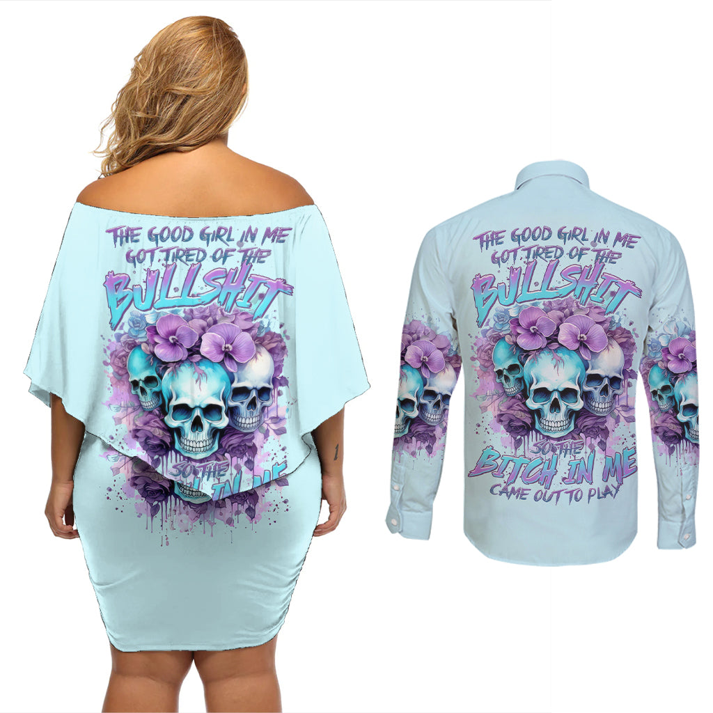 Flower Skull Angel Couples Matching Off Shoulder Short Dress and Long Sleeve Button Shirt The Good Girl In Me Got Tired Of The Bullshit - Wonder Print Shop