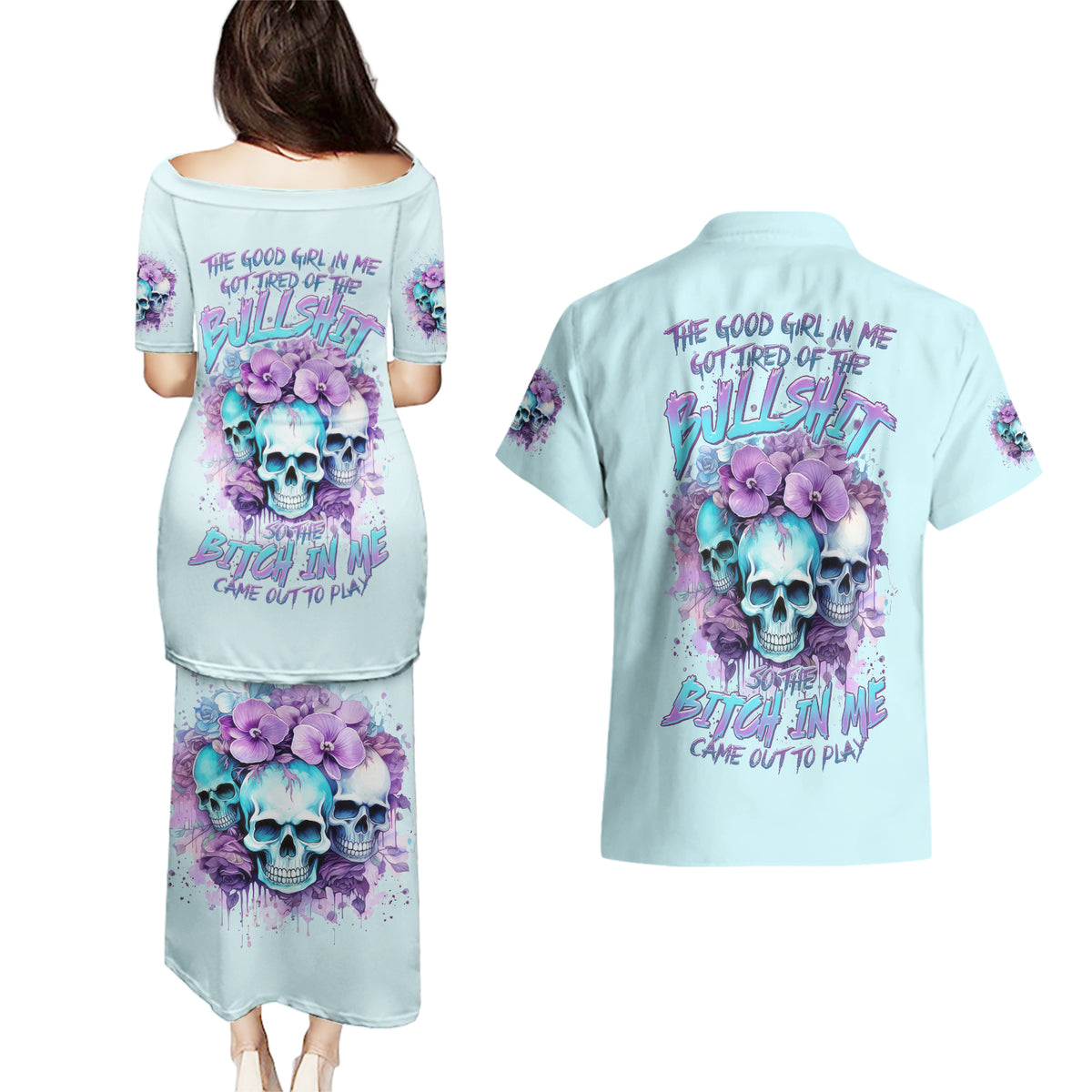 Flower Skull Angel Couples Matching Puletasi and Hawaiian Shirt The Good Girl In Me Got Tired Of The Bullshit - Wonder Print Shop