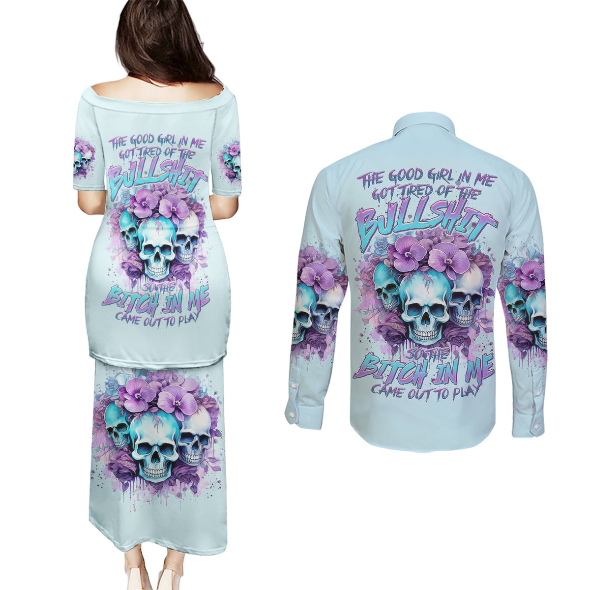 Flower Skull Angel Couples Matching Puletasi and Long Sleeve Button Shirt The Good Girl In Me Got Tired Of The Bullshit - Wonder Print Shop
