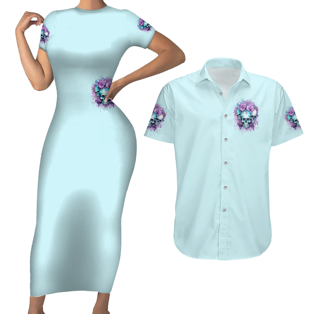 Flower Skull Angel Couples Matching Short Sleeve Bodycon Dress and Hawaiian Shirt The Good Girl In Me Got Tired Of The Bullshit - Wonder Print Shop