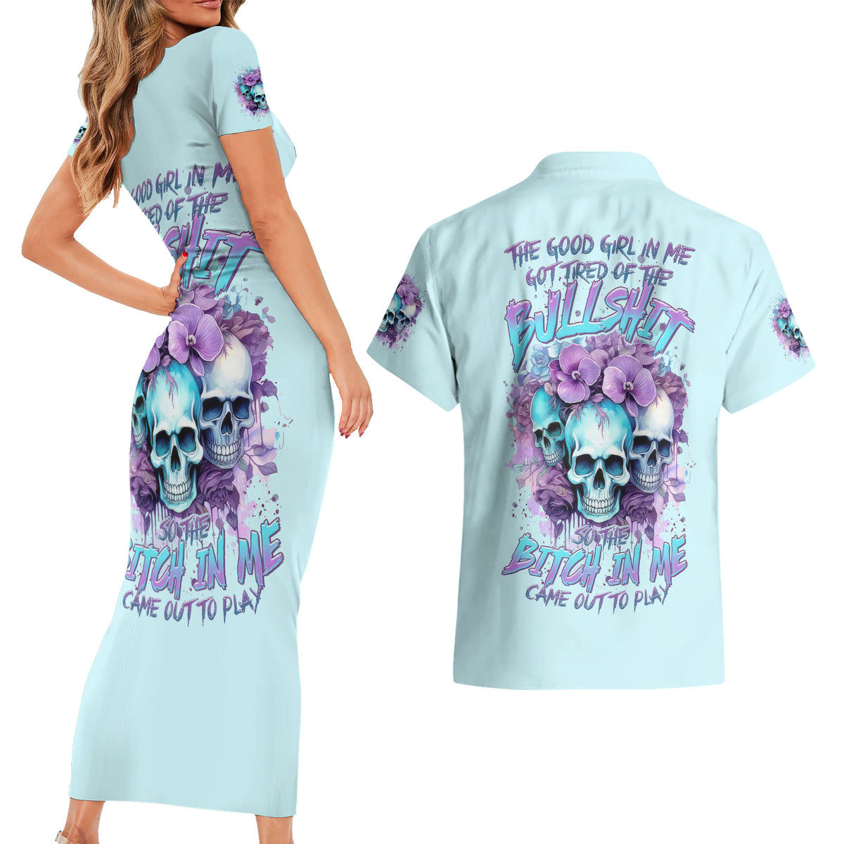 Flower Skull Angel Couples Matching Short Sleeve Bodycon Dress and Hawaiian Shirt The Good Girl In Me Got Tired Of The Bullshit - Wonder Print Shop