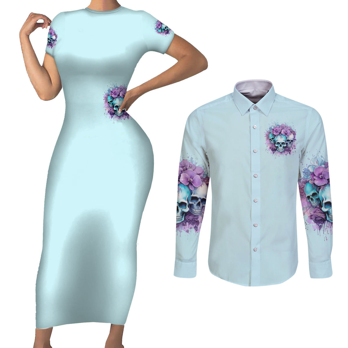 Flower Skull Angel Couples Matching Short Sleeve Bodycon Dress and Long Sleeve Button Shirt The Good Girl In Me Got Tired Of The Bullshit - Wonder Print Shop