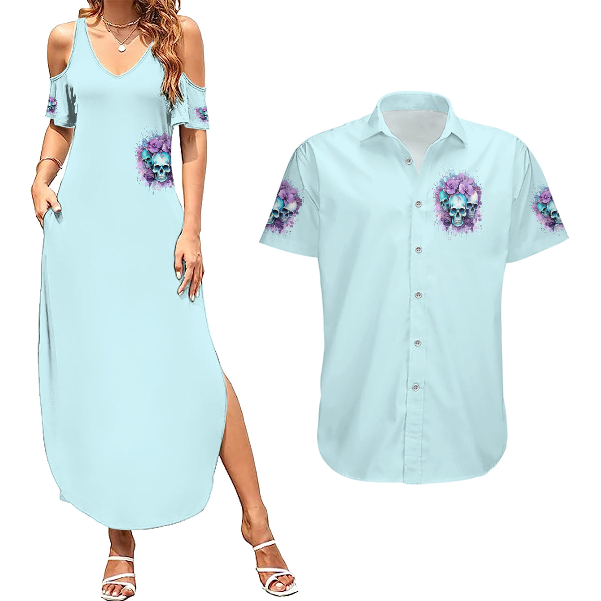 Flower Skull Angel Couples Matching Summer Maxi Dress and Hawaiian Shirt The Good Girl In Me Got Tired Of The Bullshit - Wonder Print Shop
