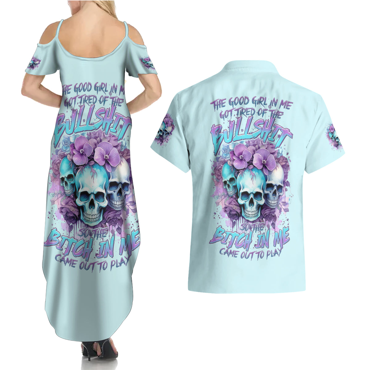 Flower Skull Angel Couples Matching Summer Maxi Dress and Hawaiian Shirt The Good Girl In Me Got Tired Of The Bullshit - Wonder Print Shop