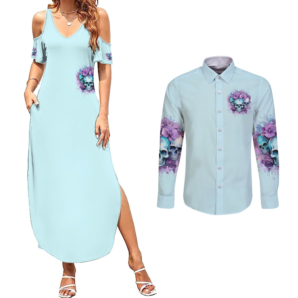 Flower Skull Angel Couples Matching Summer Maxi Dress and Long Sleeve Button Shirt The Good Girl In Me Got Tired Of The Bullshit - Wonder Print Shop