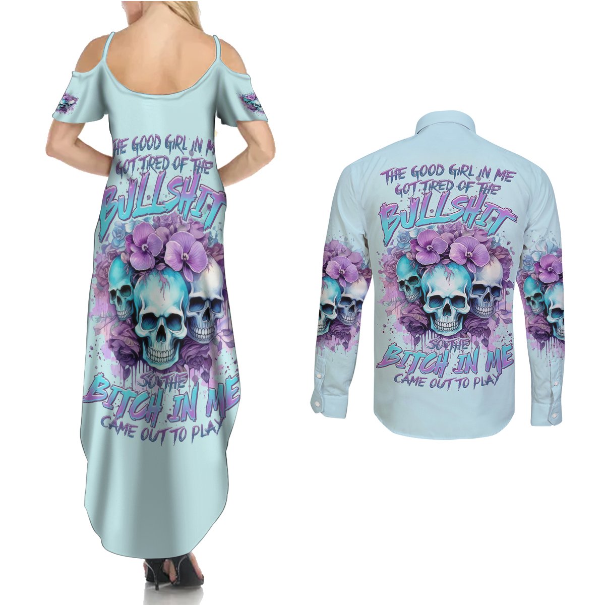 Flower Skull Angel Couples Matching Summer Maxi Dress and Long Sleeve Button Shirt The Good Girl In Me Got Tired Of The Bullshit - Wonder Print Shop