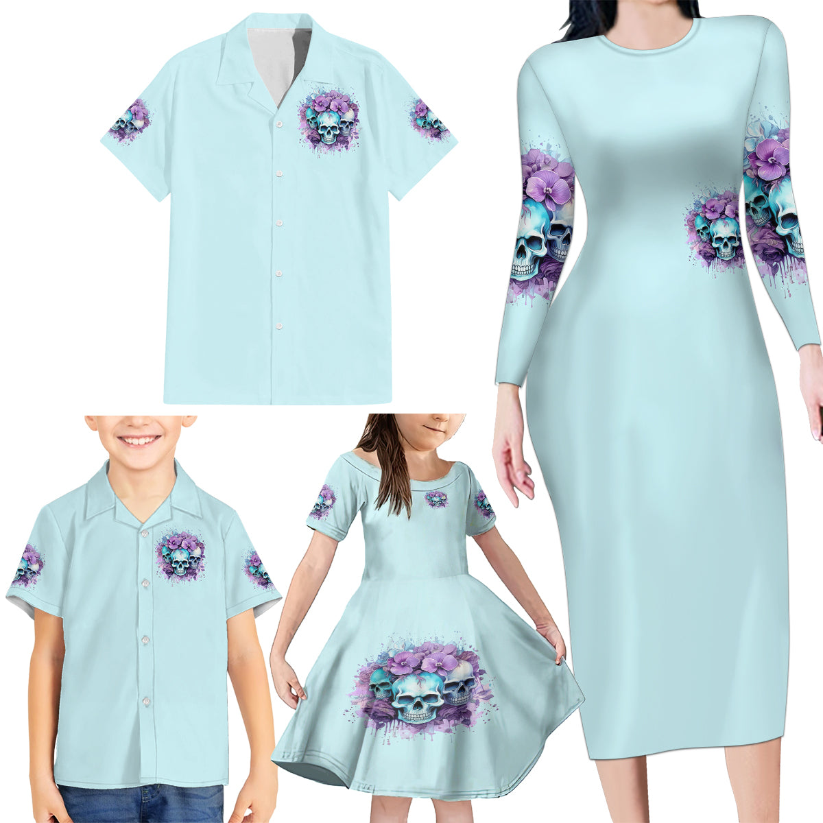 Flower Skull Angel Family Matching Long Sleeve Bodycon Dress and Hawaiian Shirt The Good Girl In Me Got Tired Of The Bullshit - Wonder Print Shop