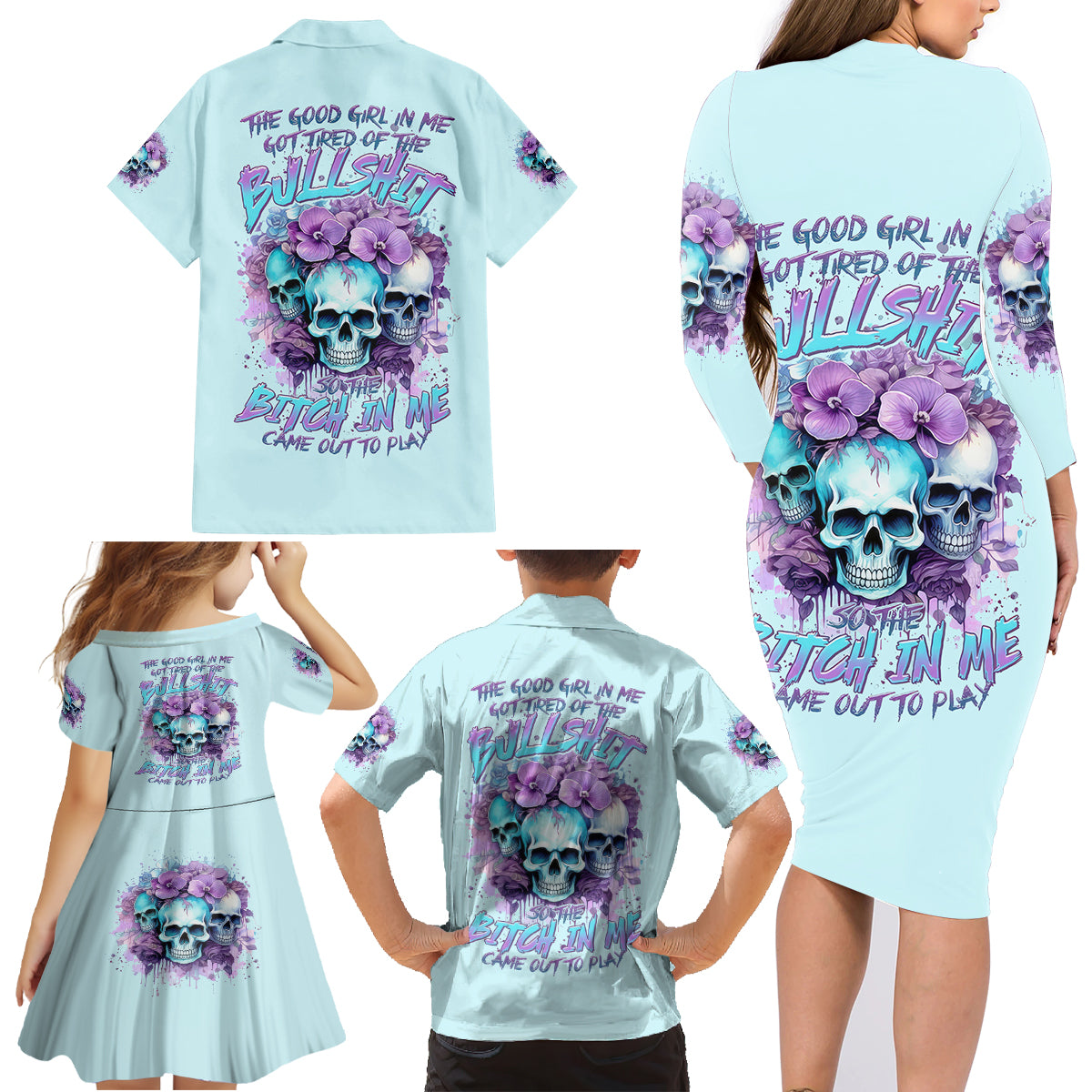 Flower Skull Angel Family Matching Long Sleeve Bodycon Dress and Hawaiian Shirt The Good Girl In Me Got Tired Of The Bullshit - Wonder Print Shop