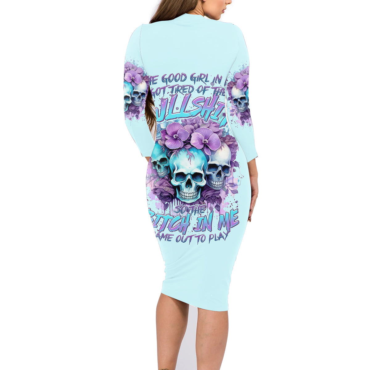 Flower Skull Angel Family Matching Long Sleeve Bodycon Dress and Hawaiian Shirt The Good Girl In Me Got Tired Of The Bullshit - Wonder Print Shop