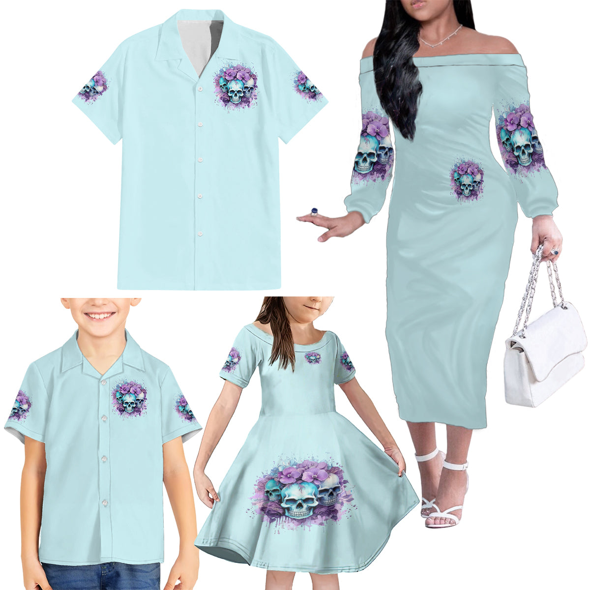 Flower Skull Angel Family Matching Off Shoulder Long Sleeve Dress and Hawaiian Shirt The Good Girl In Me Got Tired Of The Bullshit - Wonder Print Shop