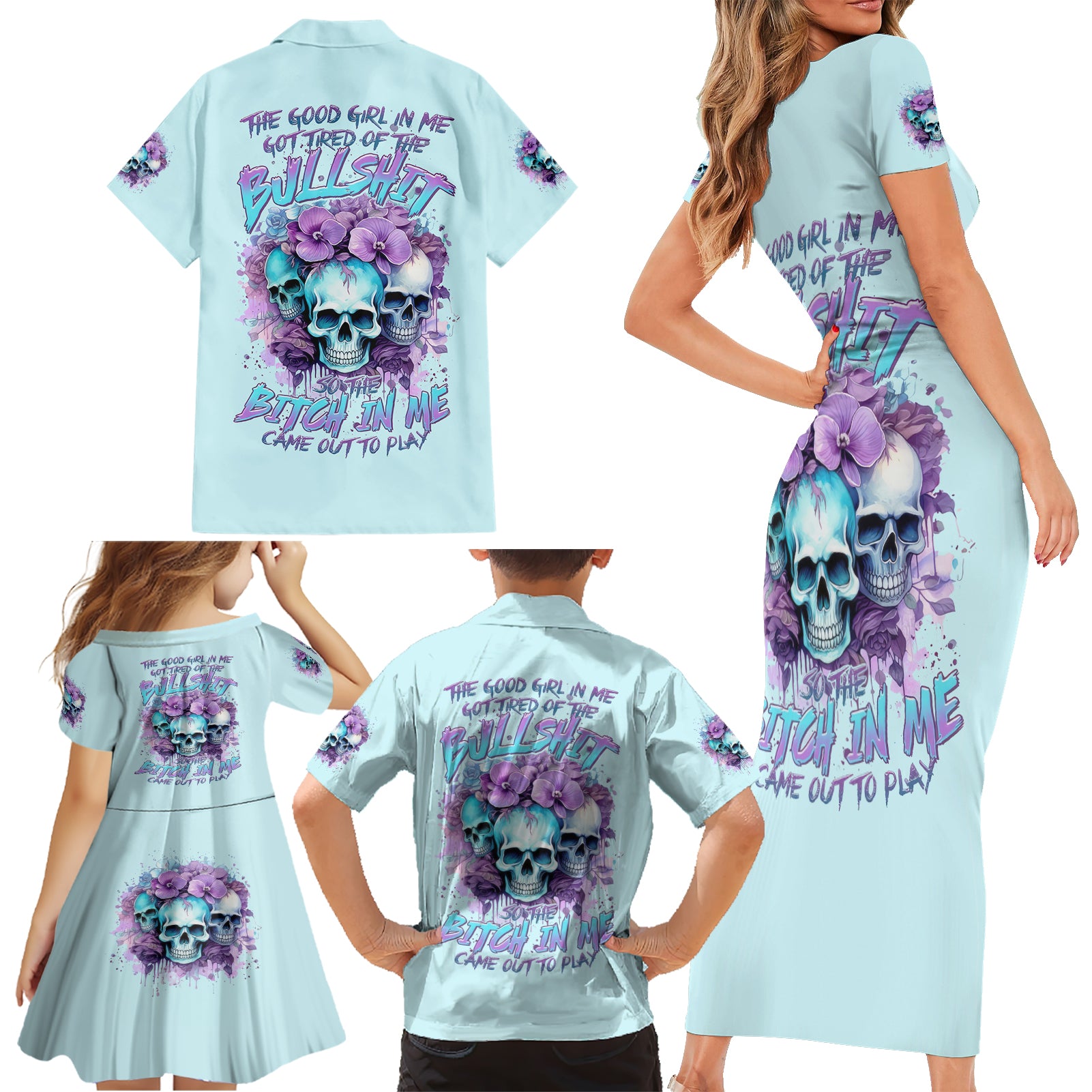 Flower Skull Angel Family Matching Short Sleeve Bodycon Dress and Hawaiian Shirt The Good Girl In Me Got Tired Of The Bullshit - Wonder Print Shop