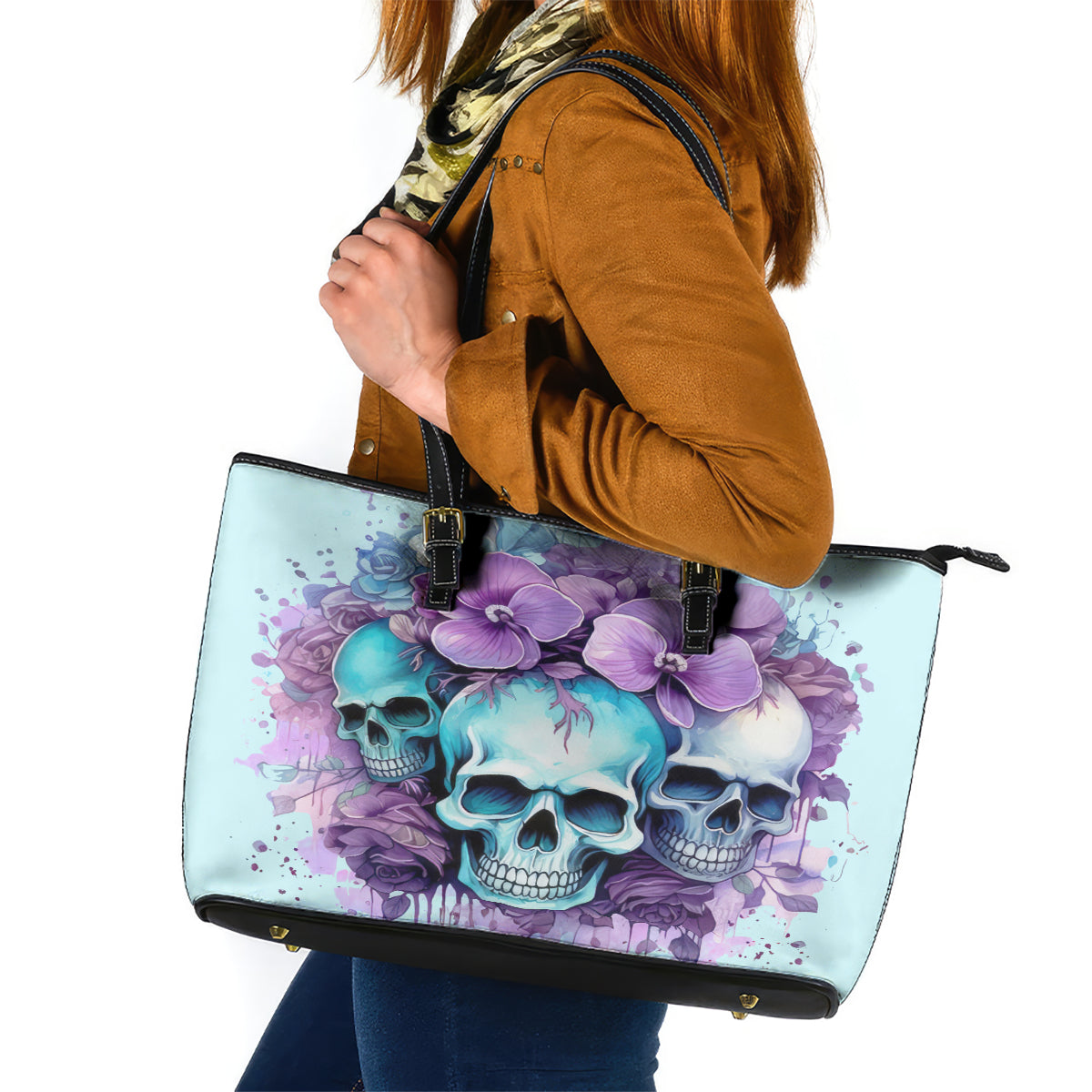 Flower Skull Angel Leather Tote Bag The Good Girl In Me Got Tired Of The Bullshit - Wonder Print Shop
