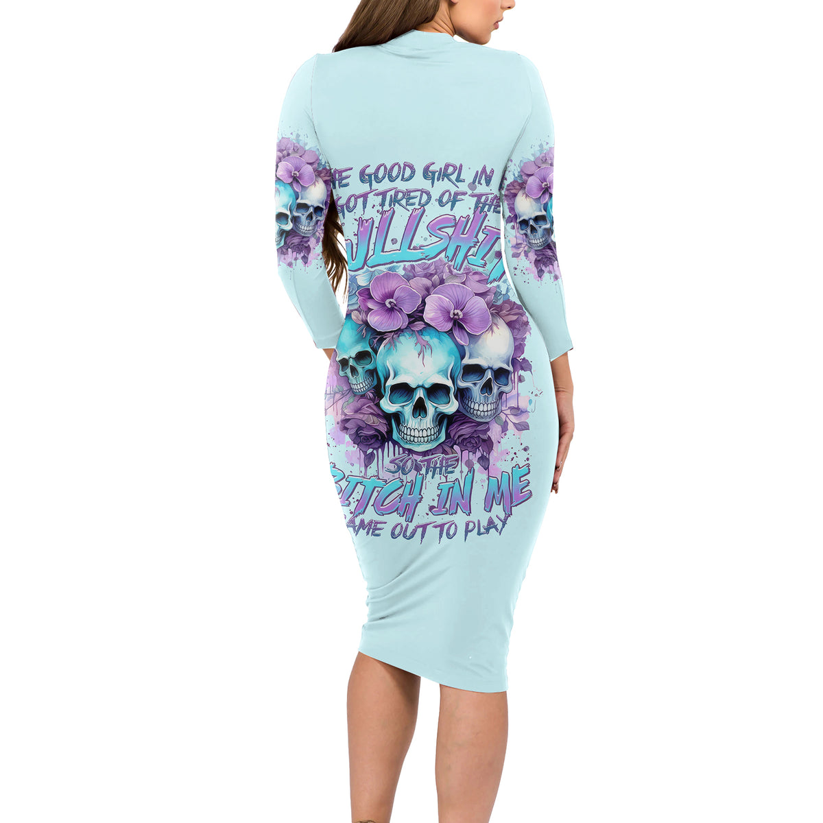 Flower Skull Angel Long Sleeve Bodycon Dress The Good Girl In Me Got Tired Of The Bullshit - Wonder Print Shop