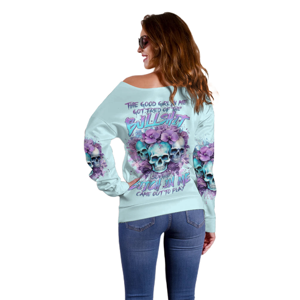 Flower Skull Angel Off Shoulder Sweater The Good Girl In Me Got Tired Of The Bullshit - Wonder Print Shop