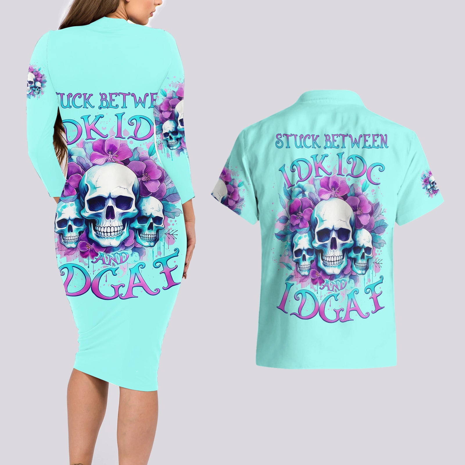 Flower Skull Angel Couples Matching Long Sleeve Bodycon Dress and Hawaiian Shirt Stuck Between IDK IDC and IDGAF - Wonder Print Shop