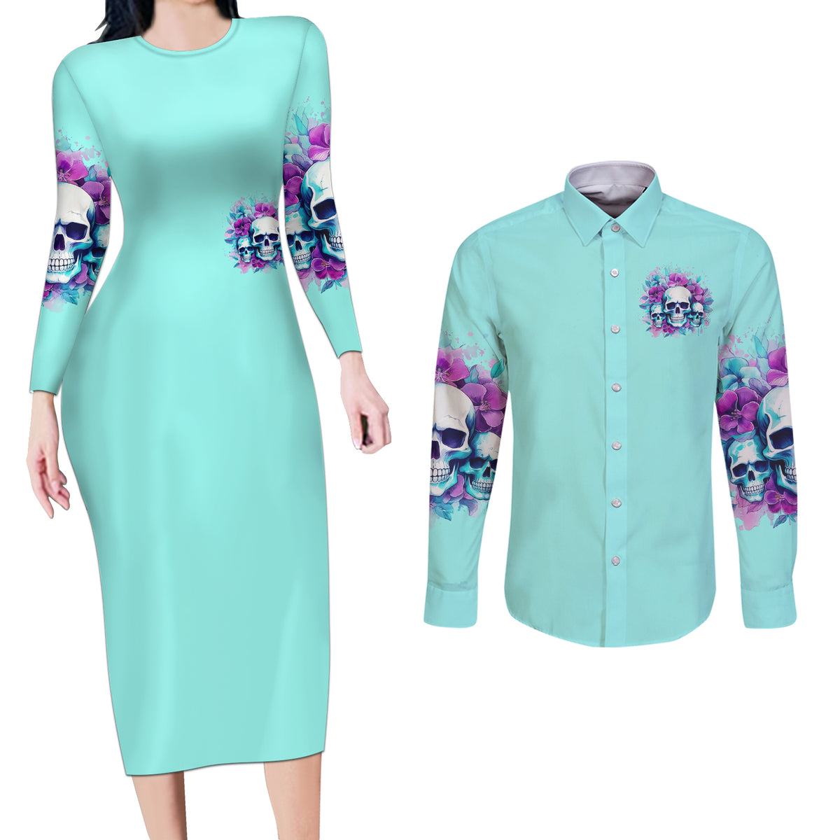 Flower Skull Angel Couples Matching Long Sleeve Bodycon Dress and Long Sleeve Button Shirt Stuck Between IDK IDC and IDGAF - Wonder Print Shop