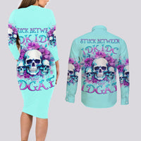 Flower Skull Angel Couples Matching Long Sleeve Bodycon Dress and Long Sleeve Button Shirt Stuck Between IDK IDC and IDGAF - Wonder Print Shop