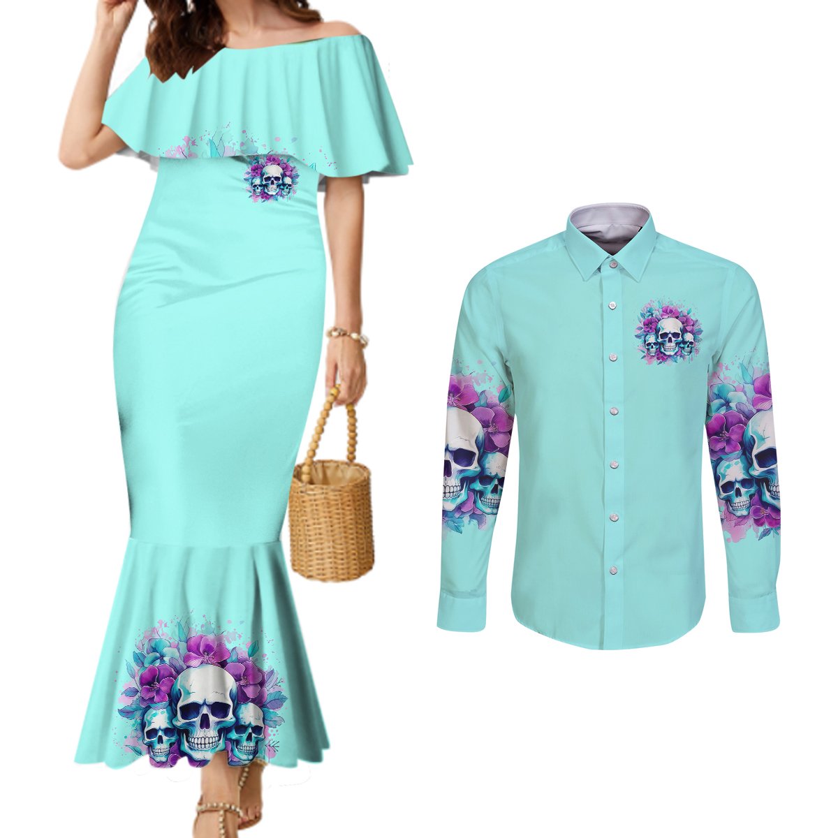 Flower Skull Angel Couples Matching Mermaid Dress and Long Sleeve Button Shirt Stuck Between IDK IDC and IDGAF