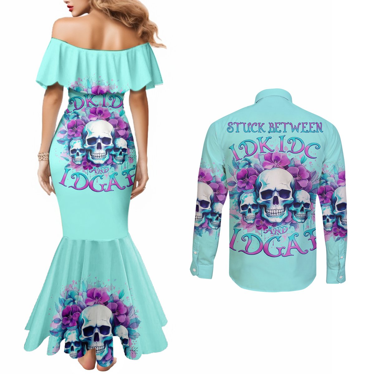 Flower Skull Angel Couples Matching Mermaid Dress and Long Sleeve Button Shirt Stuck Between IDK IDC and IDGAF