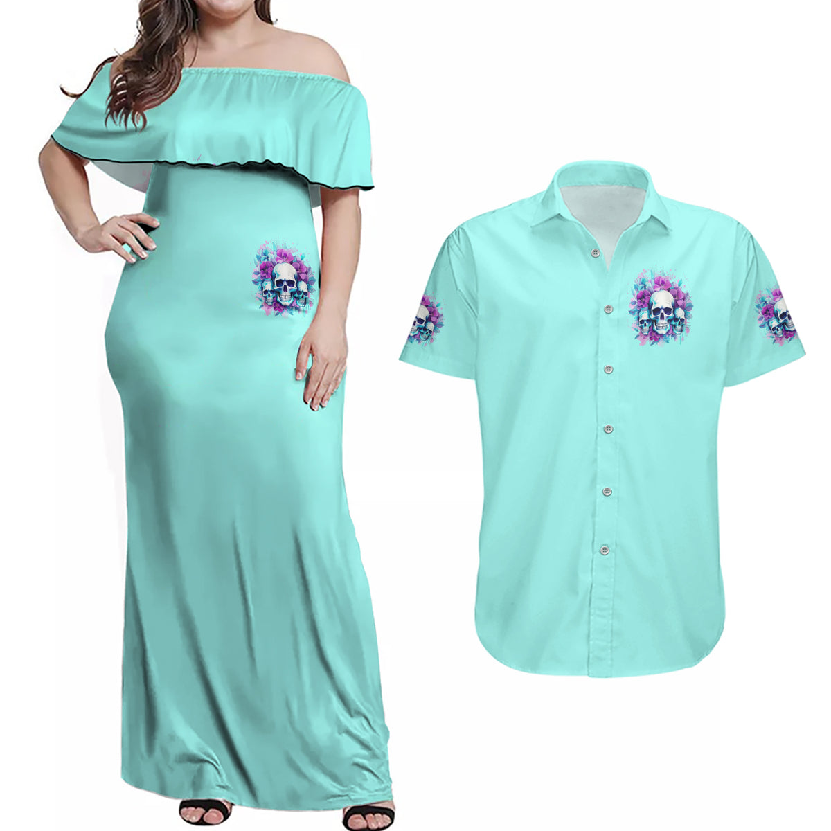 Flower Skull Angel Couples Matching Off Shoulder Maxi Dress and Hawaiian Shirt Stuck Between IDK IDC and IDGAF - Wonder Print Shop