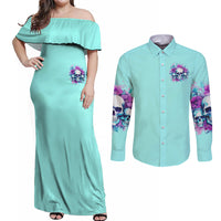 Flower Skull Angel Couples Matching Off Shoulder Maxi Dress and Long Sleeve Button Shirt Stuck Between IDK IDC and IDGAF - Wonder Print Shop