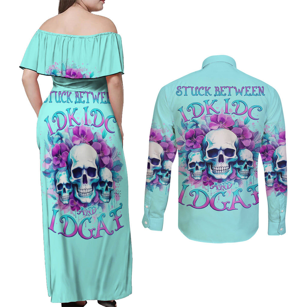 Flower Skull Angel Couples Matching Off Shoulder Maxi Dress and Long Sleeve Button Shirt Stuck Between IDK IDC and IDGAF - Wonder Print Shop