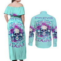 Flower Skull Angel Couples Matching Off Shoulder Maxi Dress and Long Sleeve Button Shirt Stuck Between IDK IDC and IDGAF - Wonder Print Shop