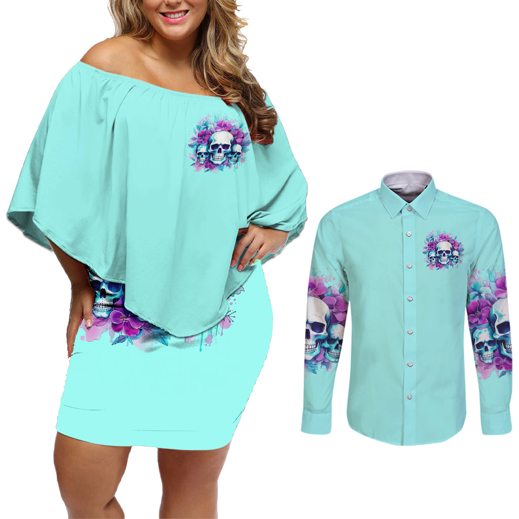 Flower Skull Angel Couples Matching Off Shoulder Short Dress and Long Sleeve Button Shirt Stuck Between IDK IDC and IDGAF - Wonder Print Shop