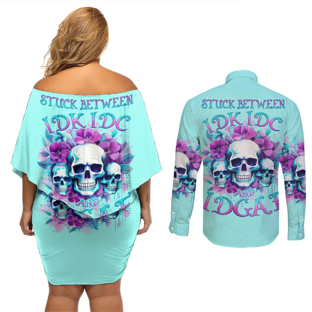 Flower Skull Angel Couples Matching Off Shoulder Short Dress and Long Sleeve Button Shirt Stuck Between IDK IDC and IDGAF - Wonder Print Shop