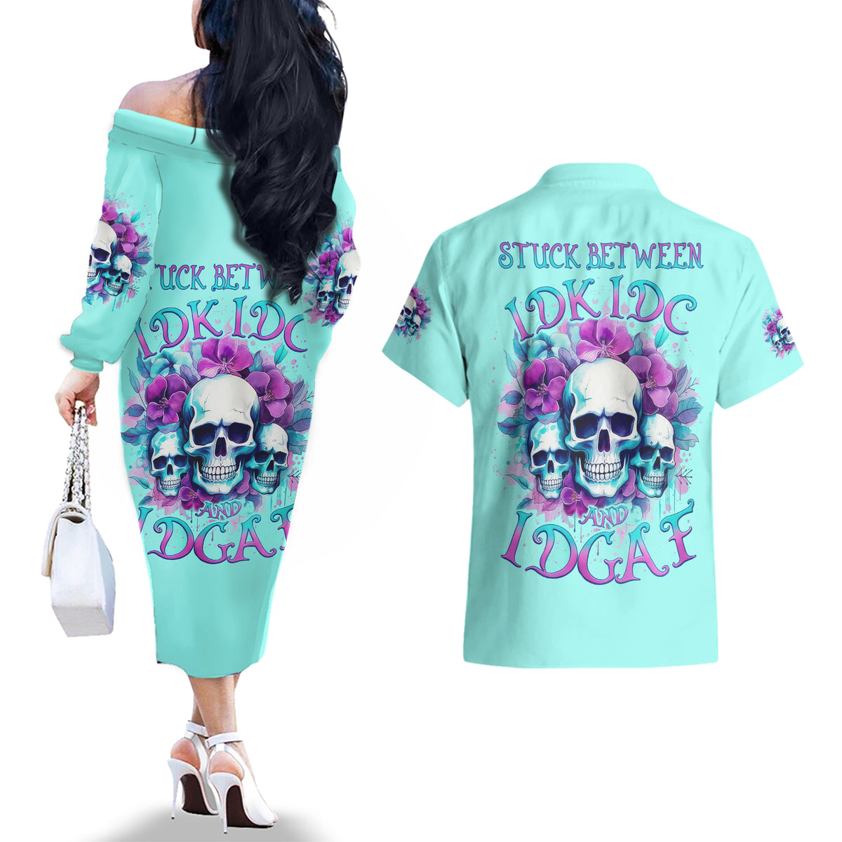 Flower Skull Angel Couples Matching Off The Shoulder Long Sleeve Dress and Hawaiian Shirt Stuck Between IDK IDC and IDGAF - Wonder Print Shop