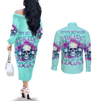 Flower Skull Angel Couples Matching Off The Shoulder Long Sleeve Dress and Long Sleeve Button Shirt Stuck Between IDK IDC and IDGAF